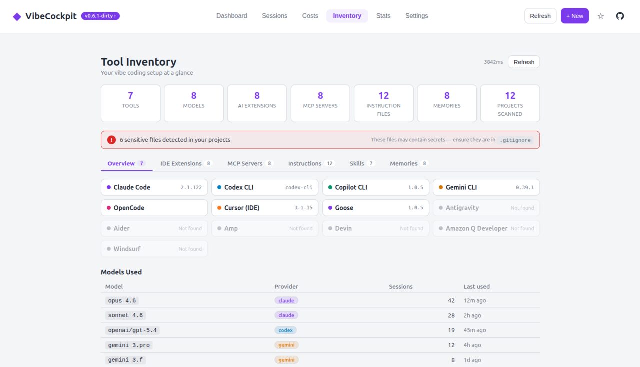 VibeCockpit tool inventory showing installed tools, models, MCP servers, and sensitive file warnings