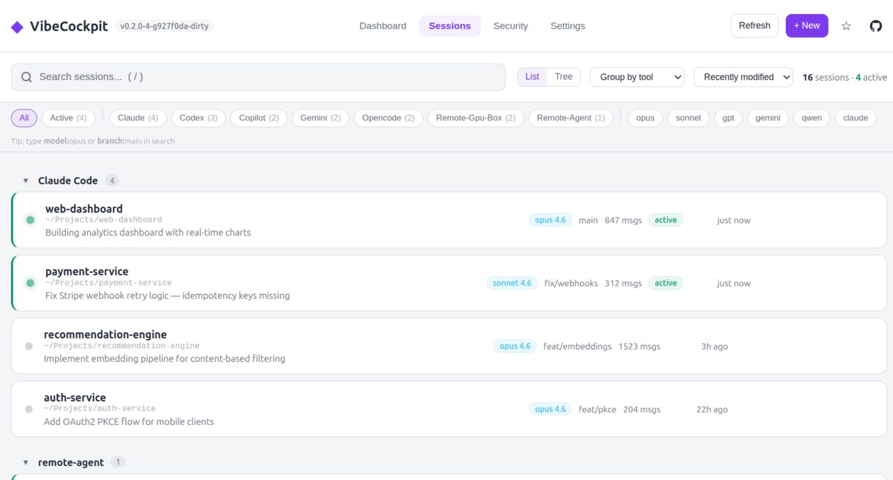 VibeCockpit sessions view grouped by tool with model tags and filters