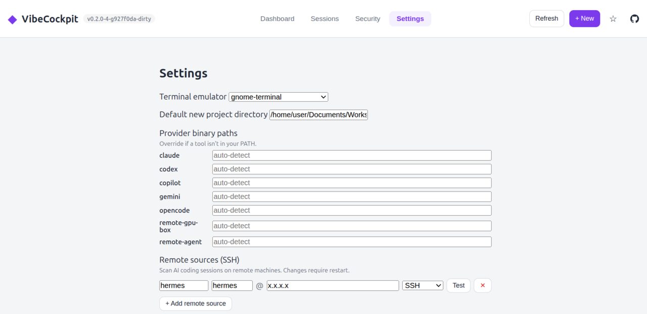 VibeCockpit settings with provider paths and remote SSH configuration